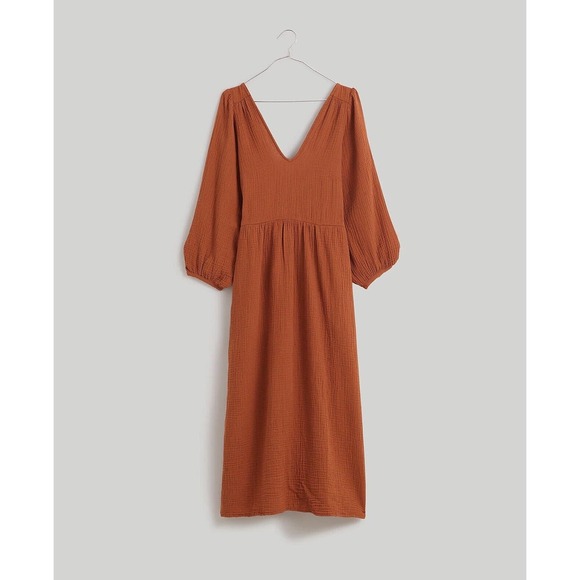 NWT Madewell Womens Midi Dress XS Lightspun V Neck Double Gauze Pockets Brown - Picture 1 of 15
